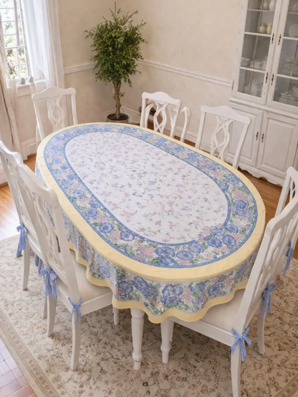Floral Oval Tablecloth with Yellow Border